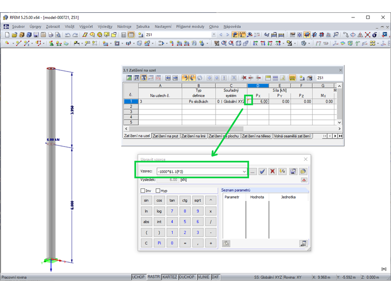 Zatížení na uzel závislé na výšce