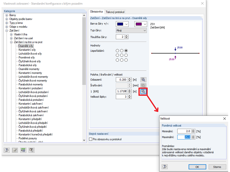 Vlastnosti zobrazení zatížení