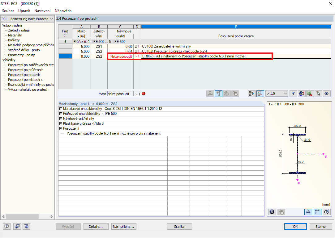 Chybová zpráva při pokusu o posouzení prutu s náběhem metodou náhradního prutu