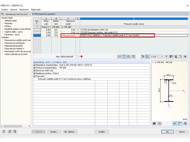 Chybová zpráva při pokusu o posouzení prutu s náběhem metodou náhradního prutu