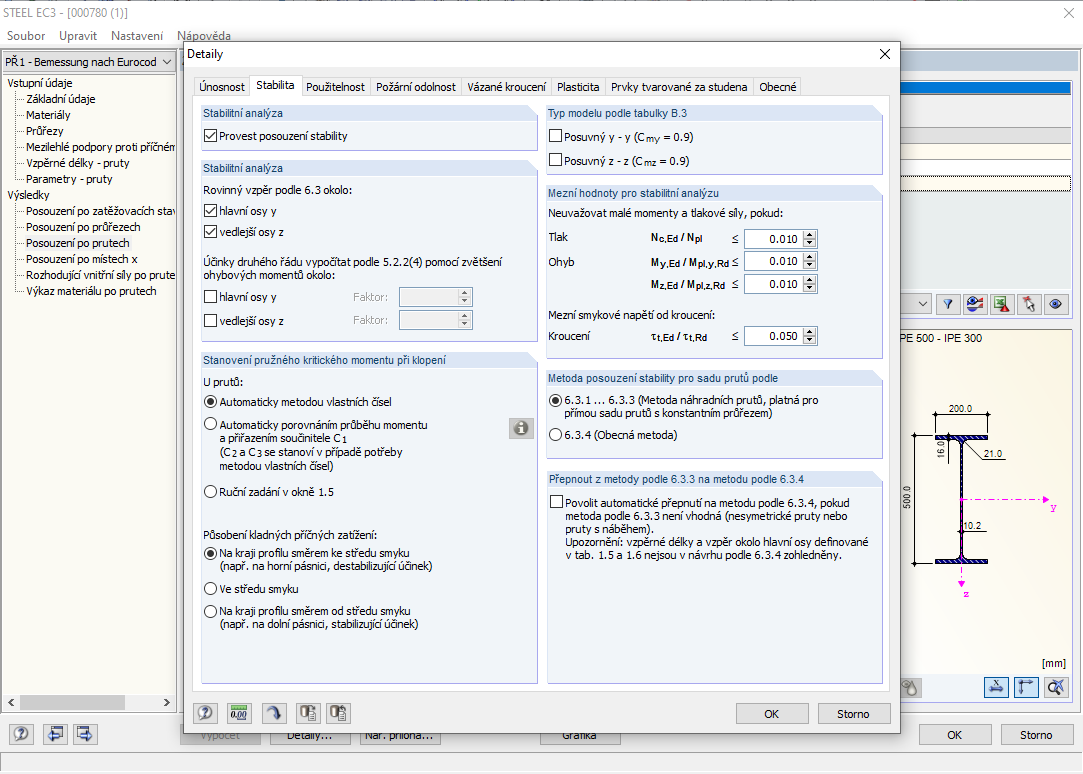 Nastavení detailů pro sady prutů