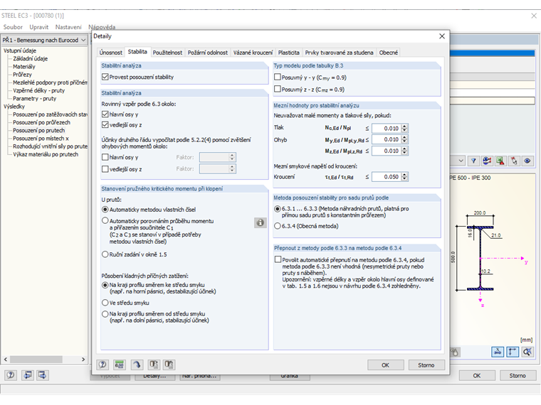 Nastavení detailů pro sady prutů