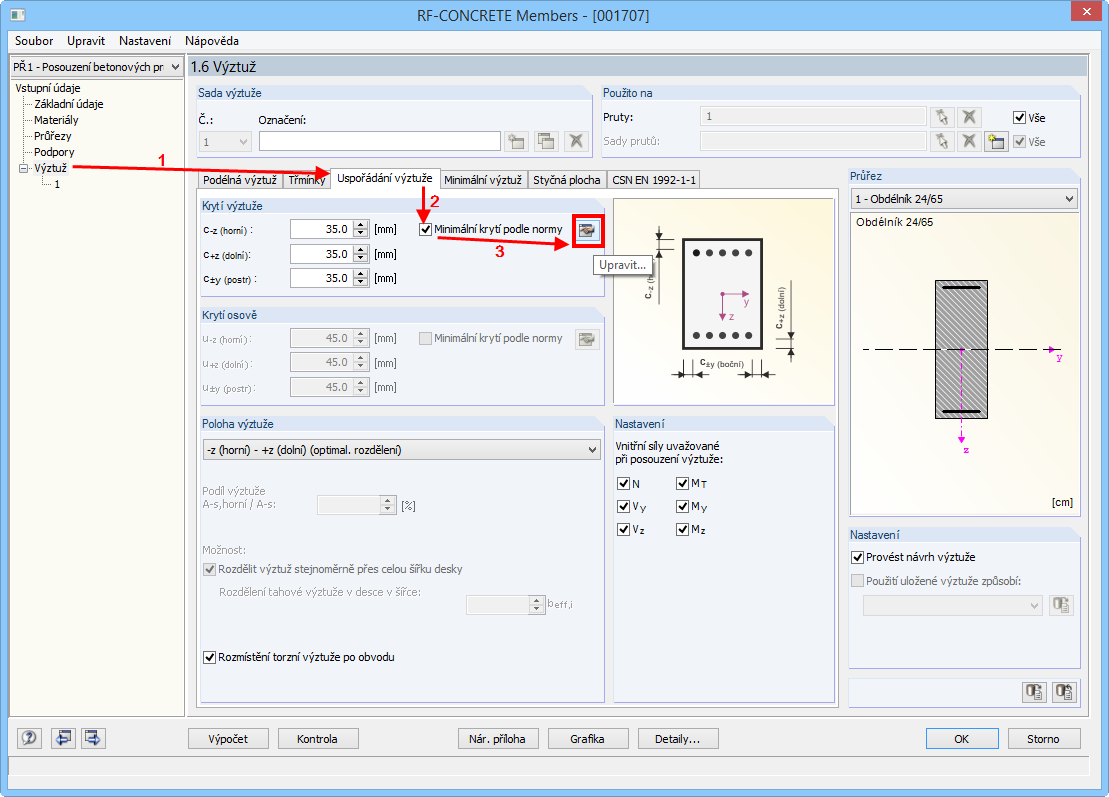 Minimální krycí vrstva podle normy v RF-CONCRETE Members