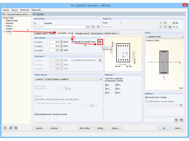 Minimální krycí vrstva podle normy v RF-CONCRETE Members