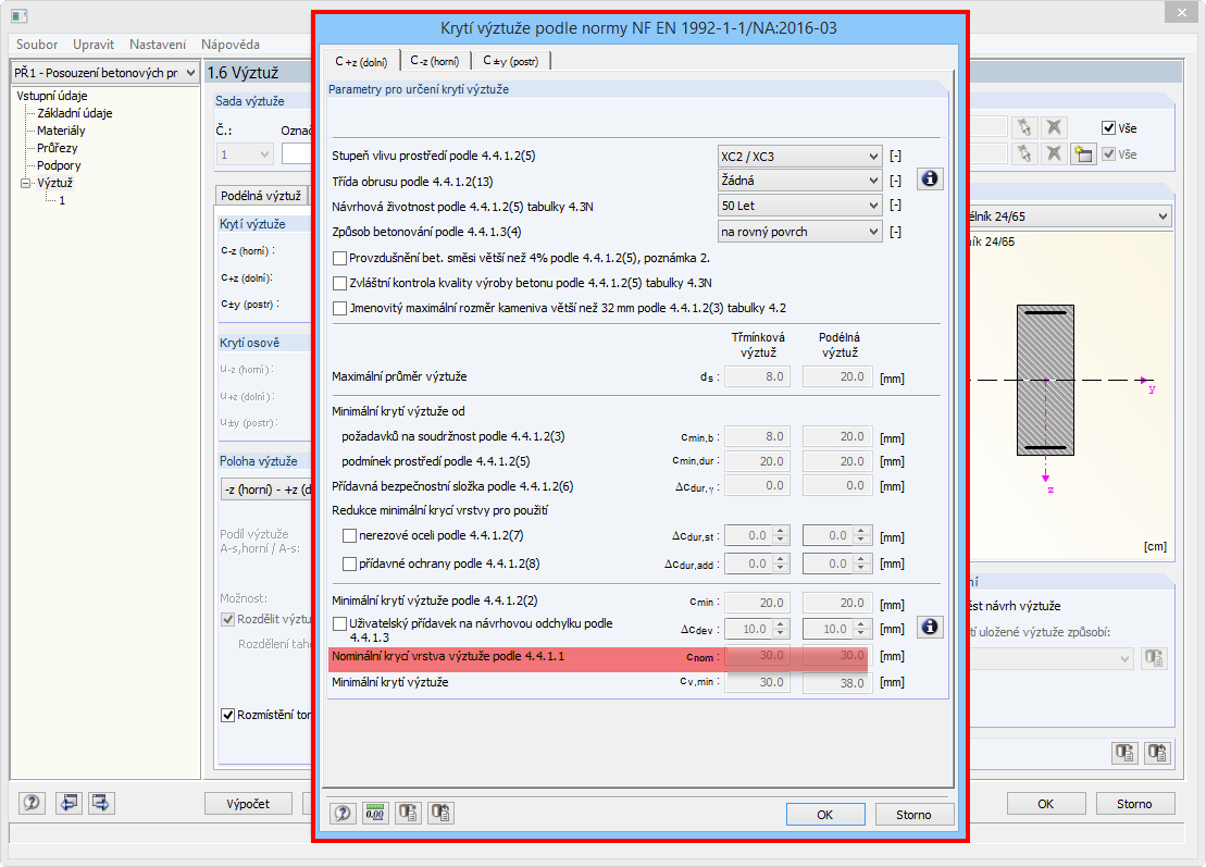 Krytí výztuže podle normy NF EN 1992-1-1/NA:2016-03