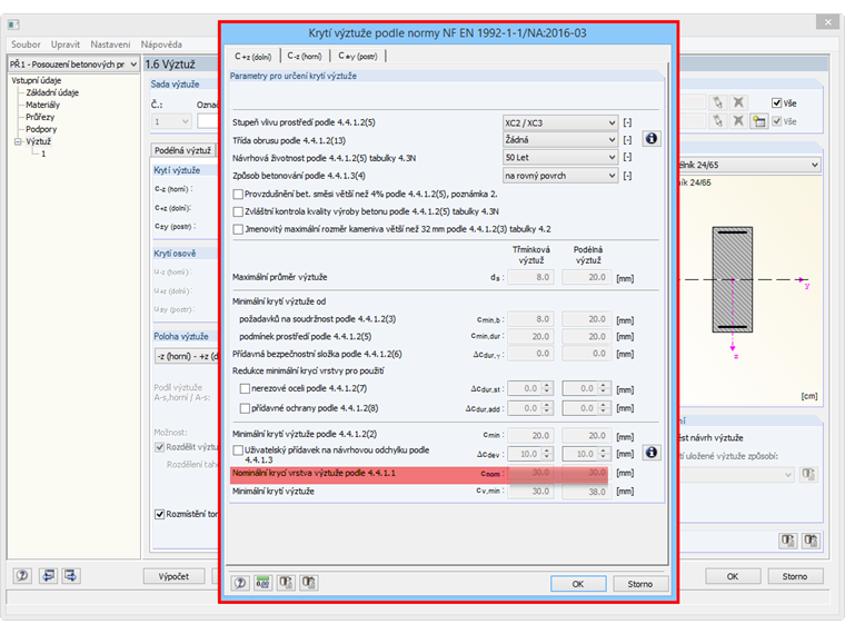 Krytí výztuže podle normy NF EN 1992-1-1/NA:2016-03