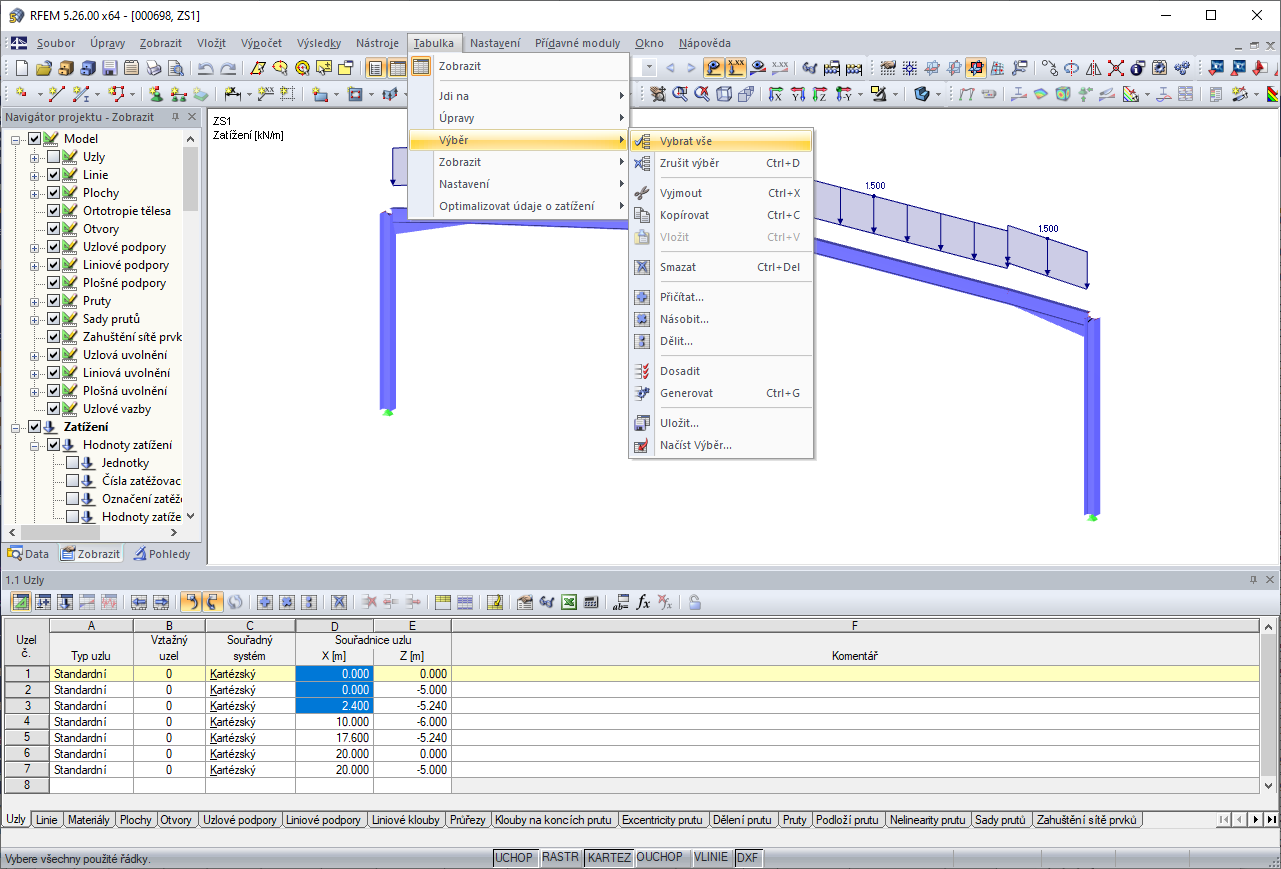 Výběrové funkce v nabídce Tabulka