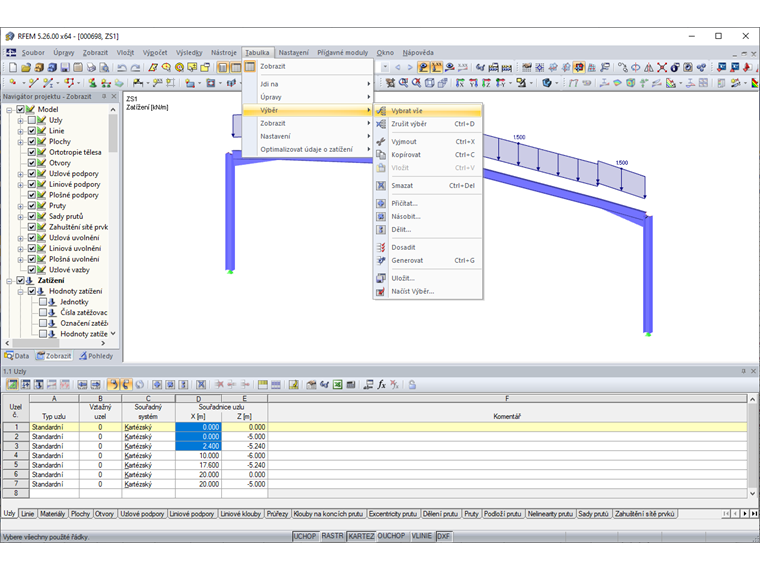 Výběrové funkce v nabídce Tabulka