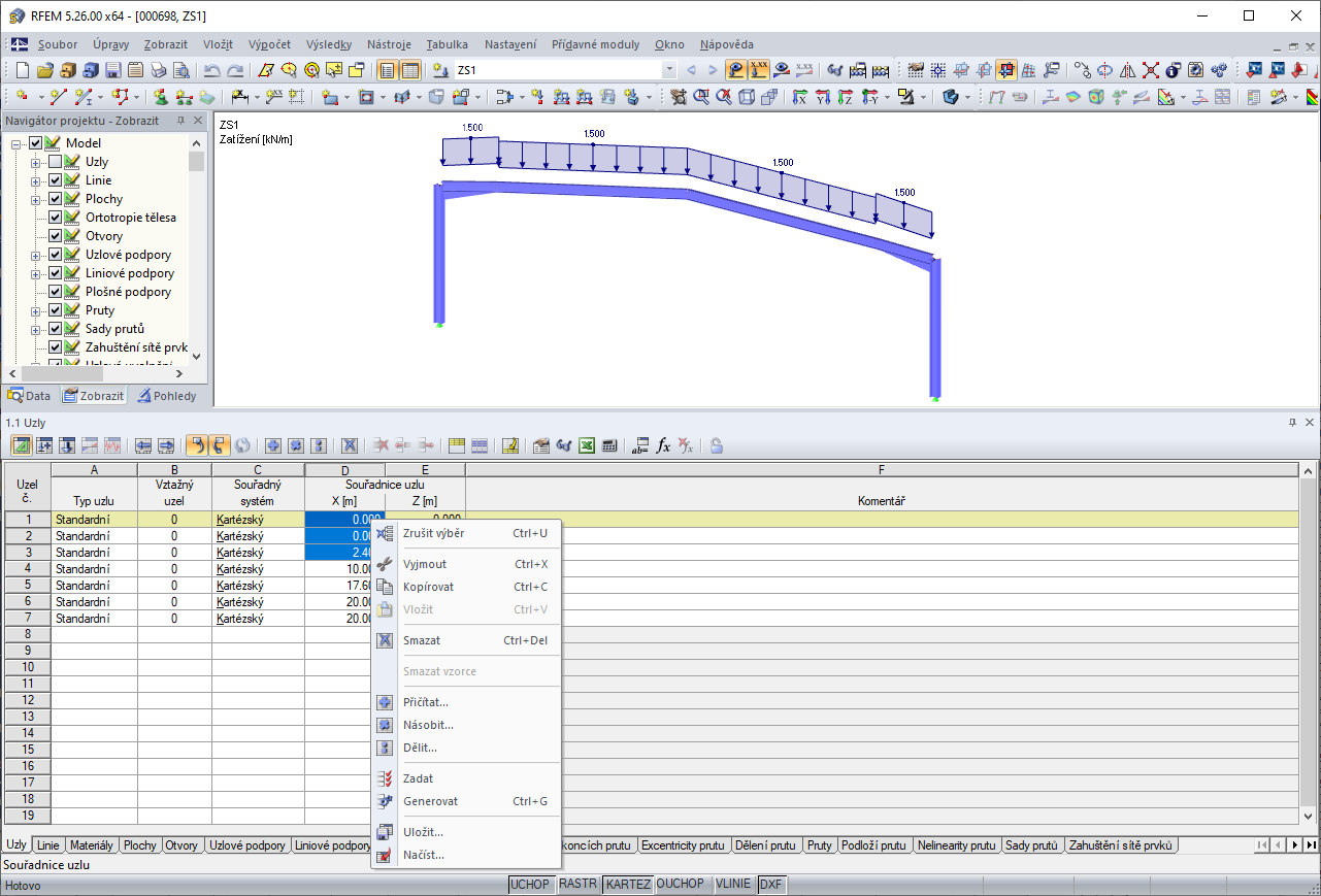Výběr funkcí v místní nabídce