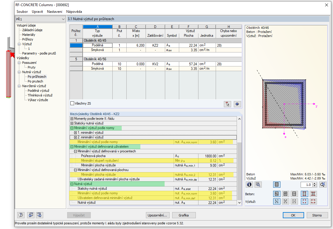 Detaily výpočtu pro zohlednění minimální podélné výztuže