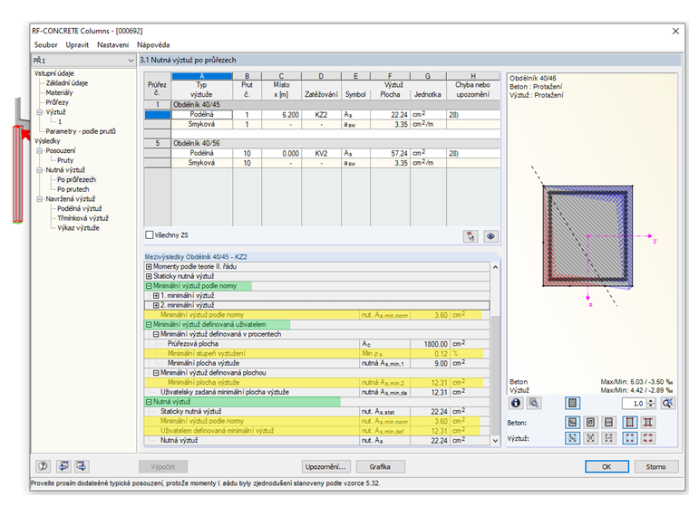 Detaily výpočtu pro zohlednění minimální podélné výztuže