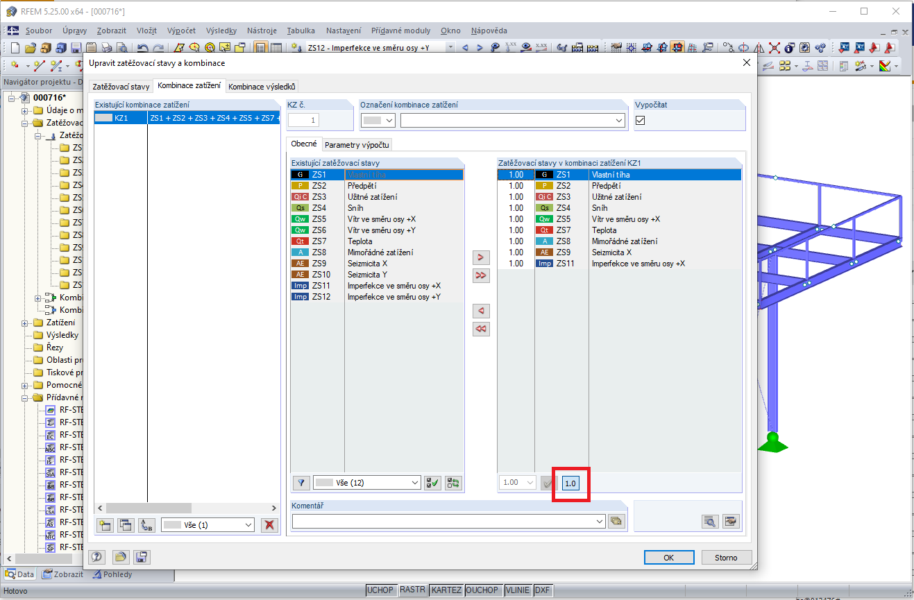 Nastavení dílčího součinitele spolehlivosti na 1,0