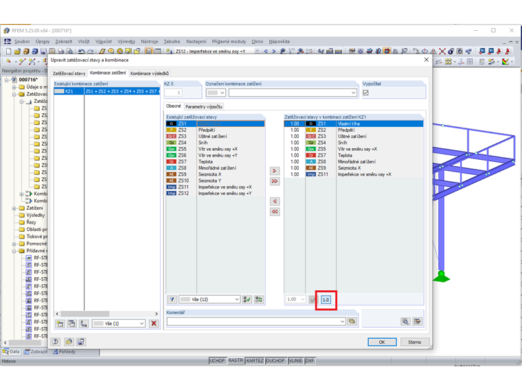 Nastavení dílčího součinitele spolehlivosti na 1,0