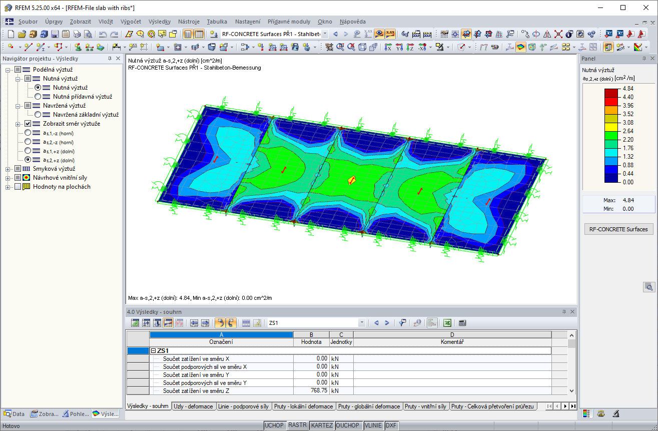 Rozložení nutné výztuže včetně vnitřních sil s vlivem žeber