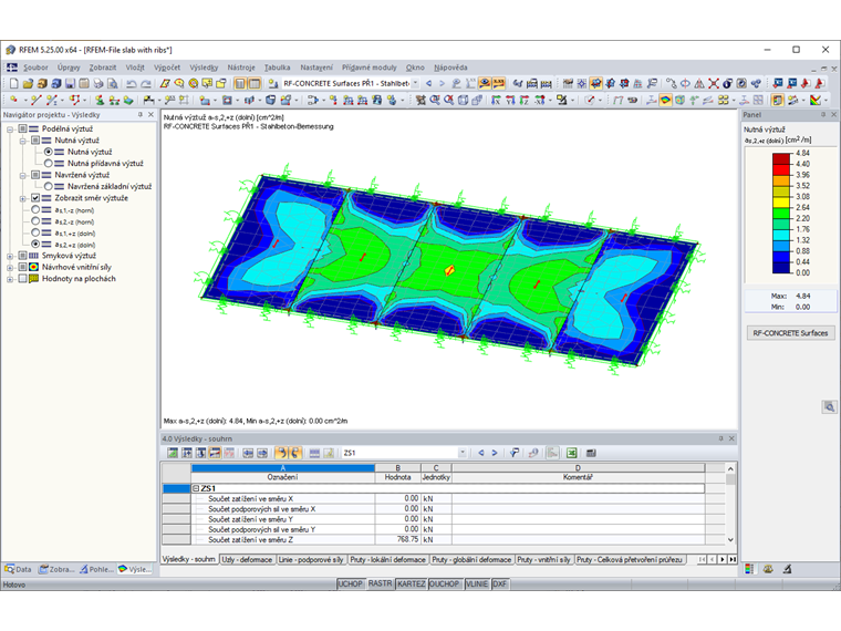 Rozložení nutné výztuže včetně vnitřních sil s vlivem žeber