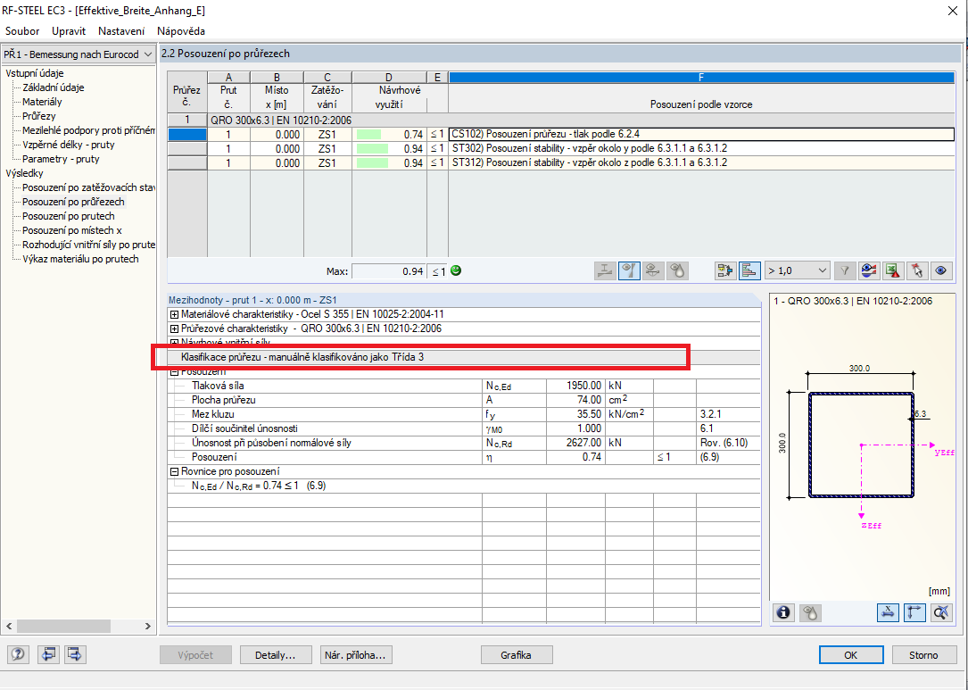 Posouzení štíhlého dutého průřezu s ručně vybranou třídou průřezu