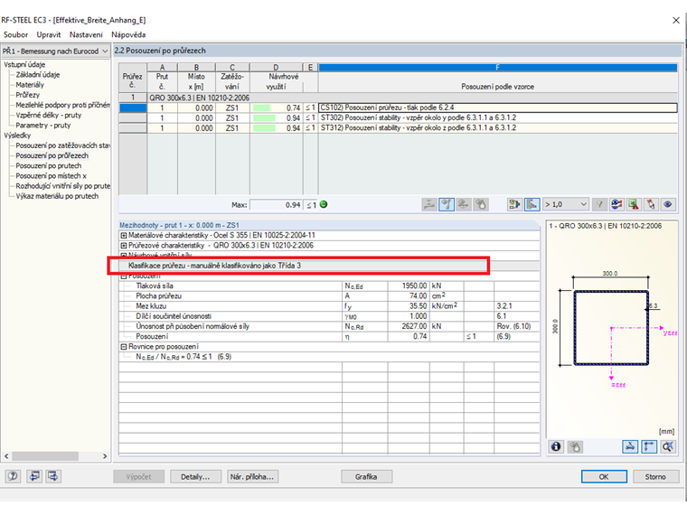 Posouzení štíhlého dutého průřezu s ručně vybranou třídou průřezu