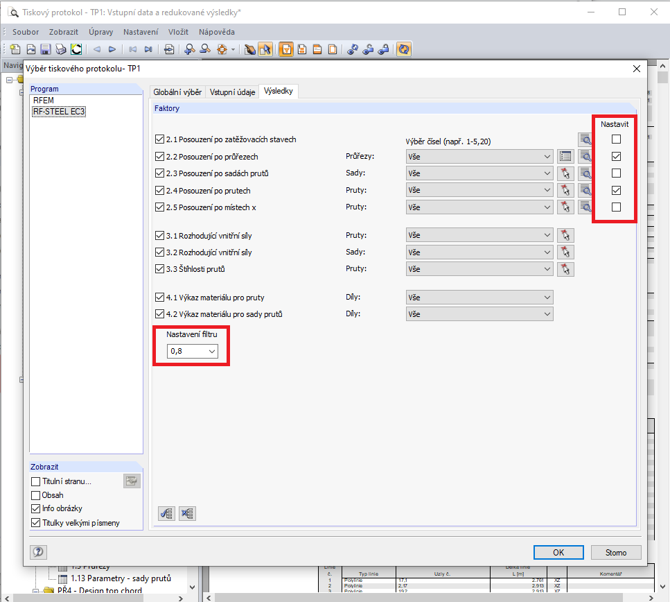 Filtr výsledků v tiskovém protokolu
