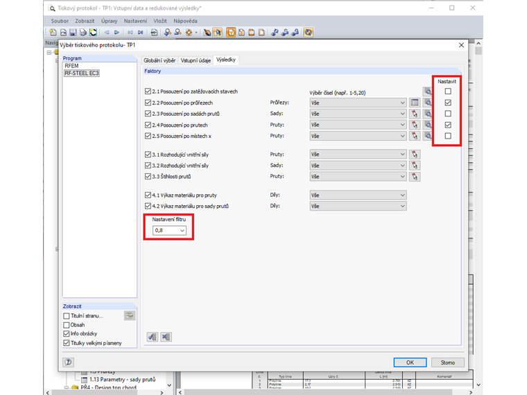 Filtr výsledků v tiskovém protokolu