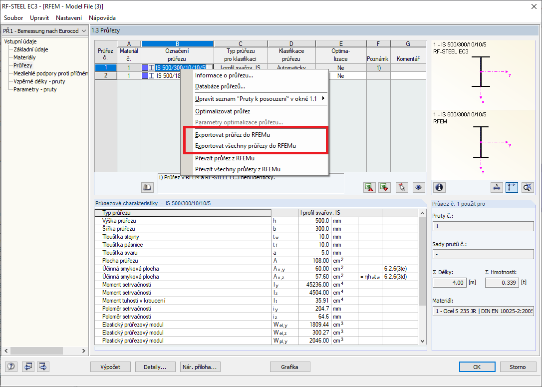 Export průřezů do hlavního programu RSTAB/RFEM
