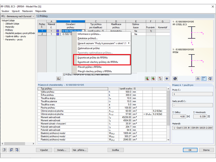 Export průřezů do hlavního programu RSTAB/RFEM