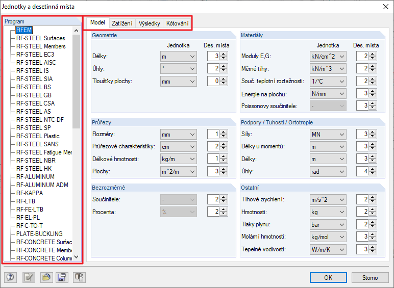 Dialog Jednotky a desetinná místa