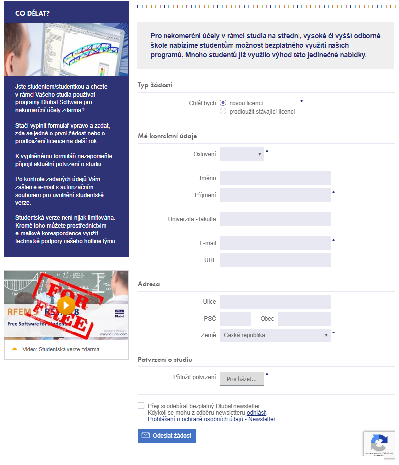 Žádost o bezplatnou studentskou verzi