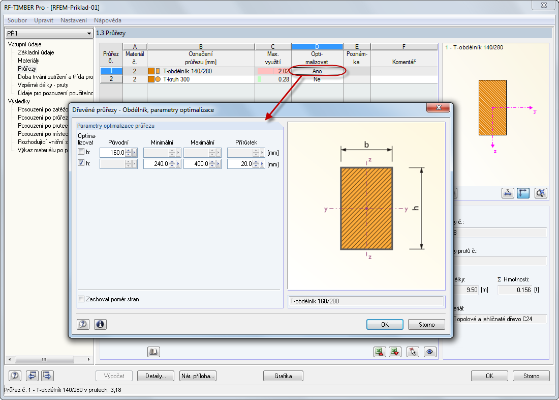 Optimalizace kruhového průřezu v přídavném modulu RF-/TIMBER Pro