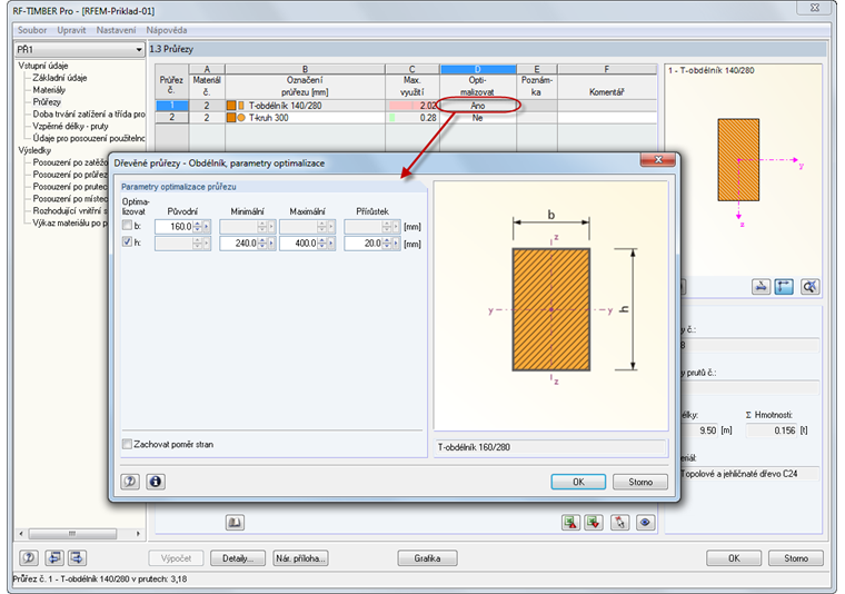 Optimalizace kruhového průřezu v přídavném modulu RF-/TIMBER Pro