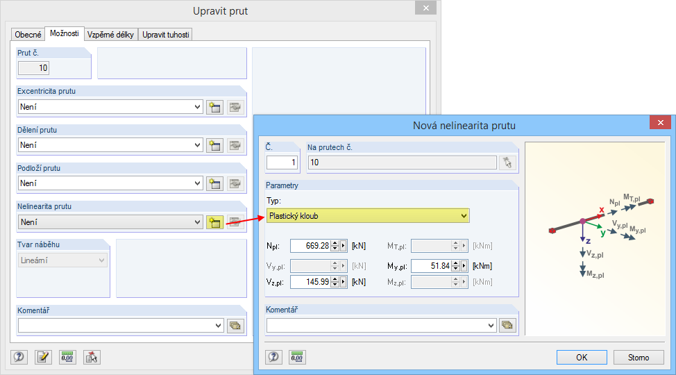 Definice plastického kloubu jako nelinearity prutu