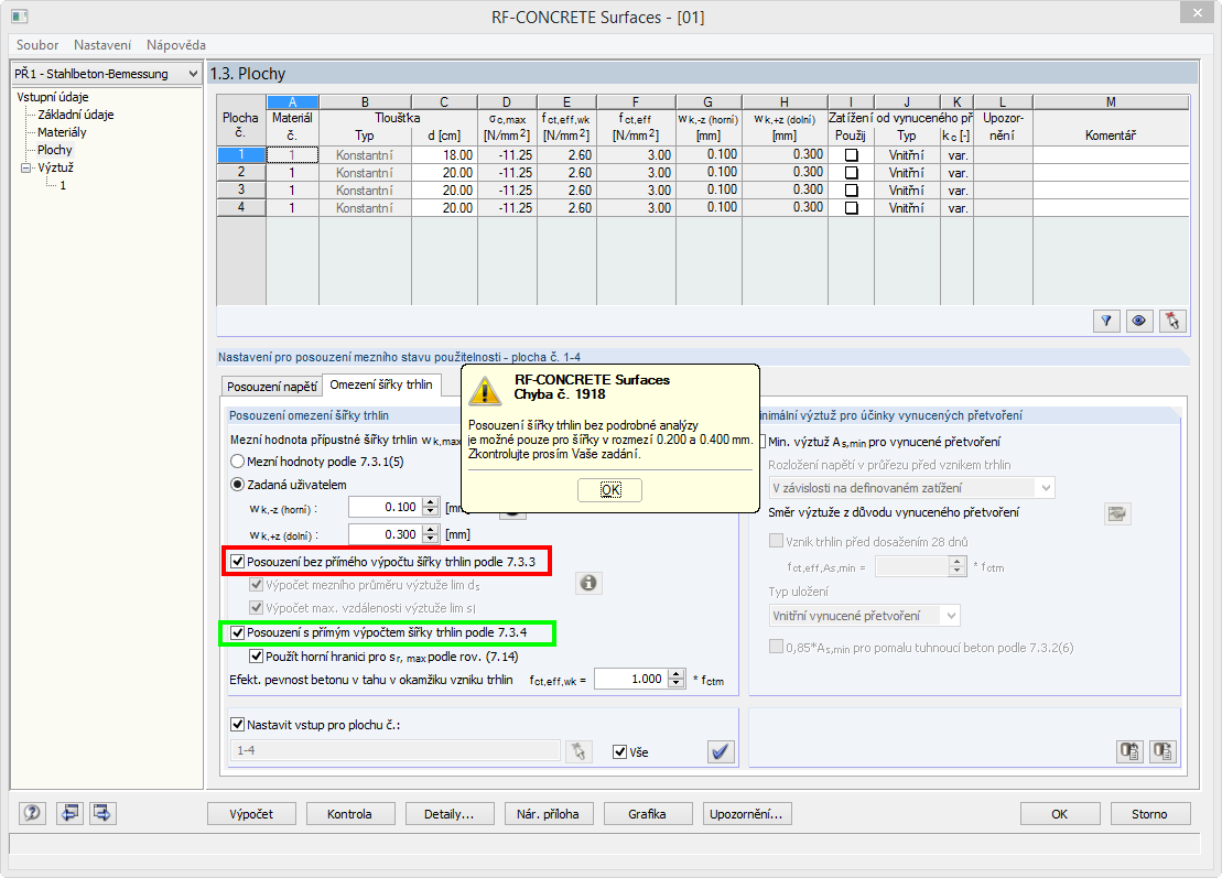 Uživatelsky zadaná šířka trhlin - chybové hlášení