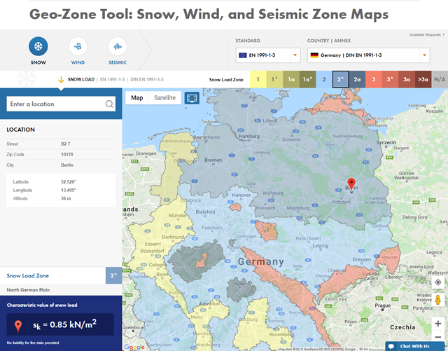 Vyhledání polohy v Německu v Google Maps a získání příslušného zatížení sněhem