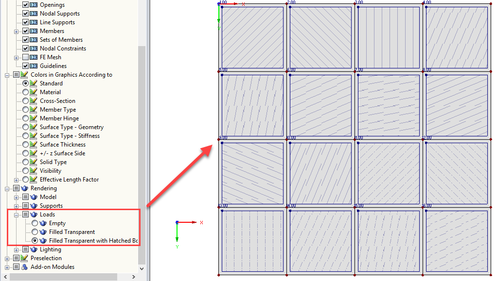 Zobrazení šrafování pro zatížení na plochu