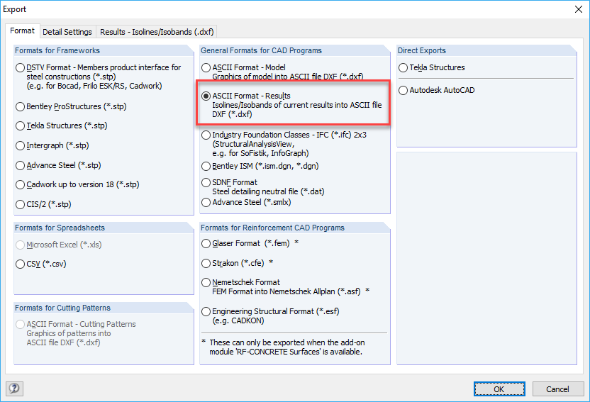 Možnost "Formát ASCII - výsledky"