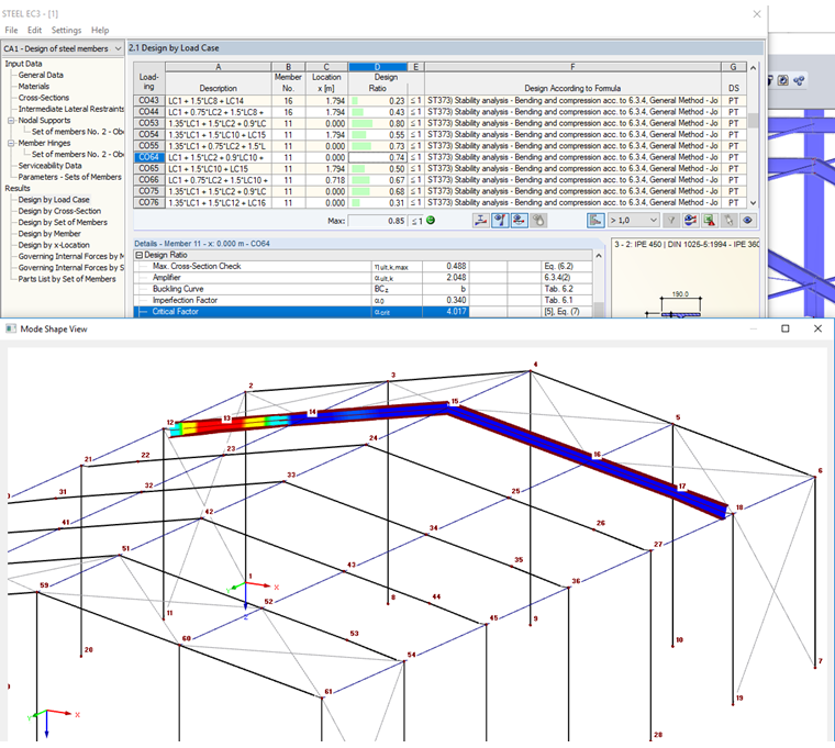Okno pro zobrazení vypočítaného vlastního tvaru (kritický tvar vybočení)