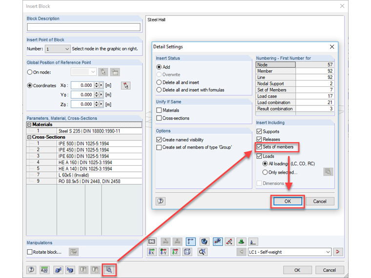 Nastavení detailů: Vložit včetně sad prutů