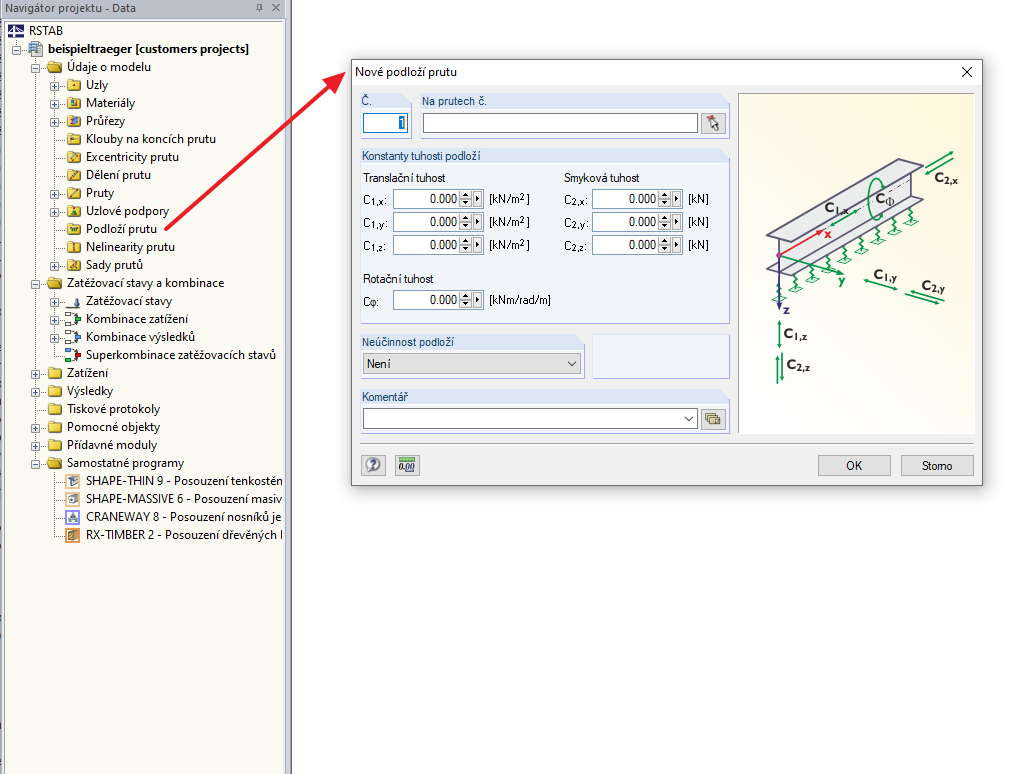 Zadání pružného podloží prutu