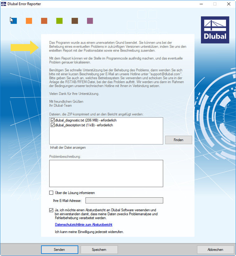 Hlášení chyby programu Dlubal