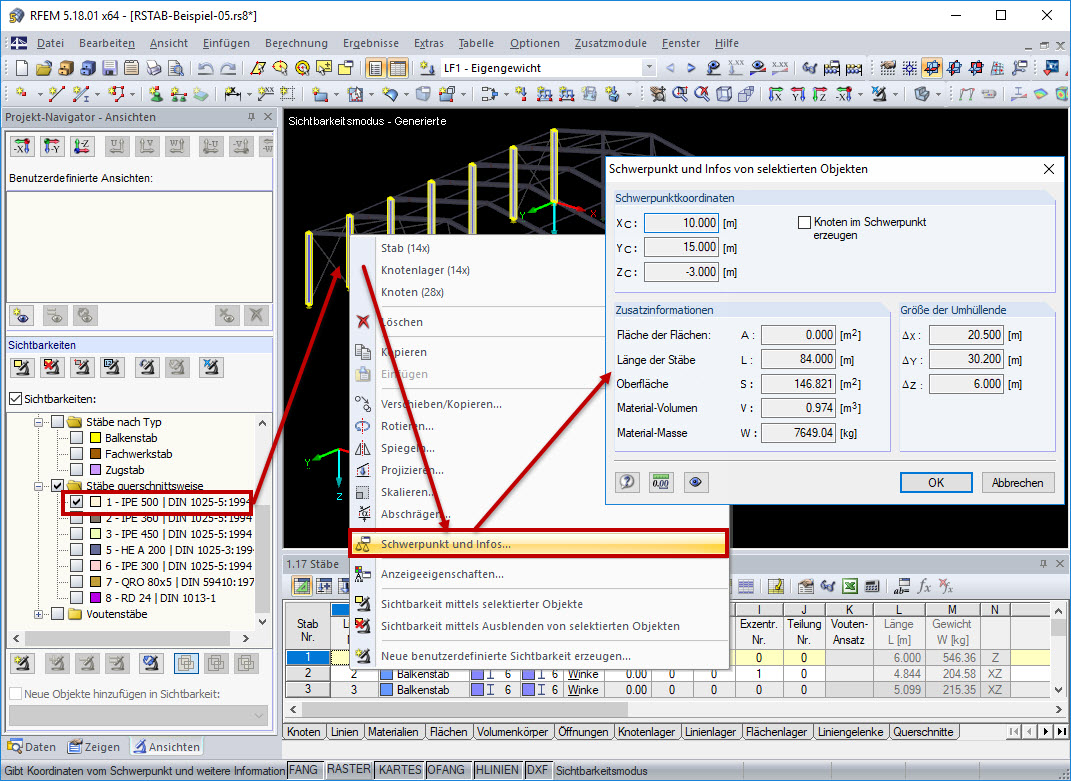 Těžiště a informace o vybraných objektech