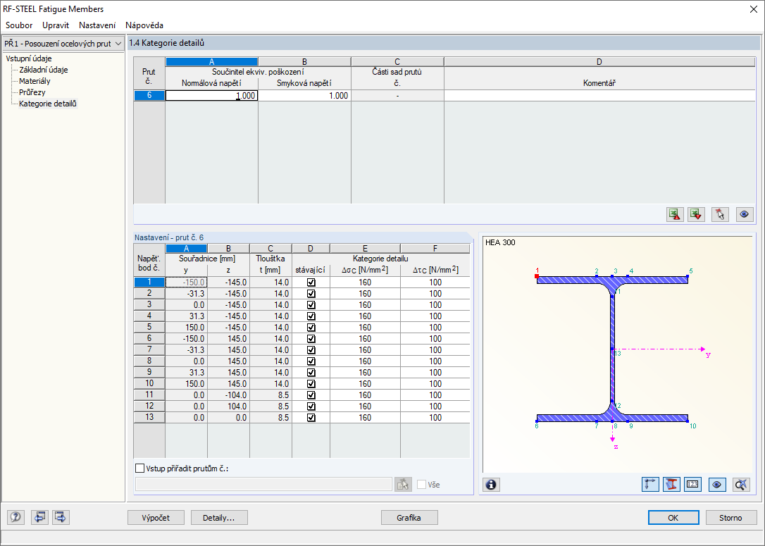 Vstupní dialog "Kategorie detailů"