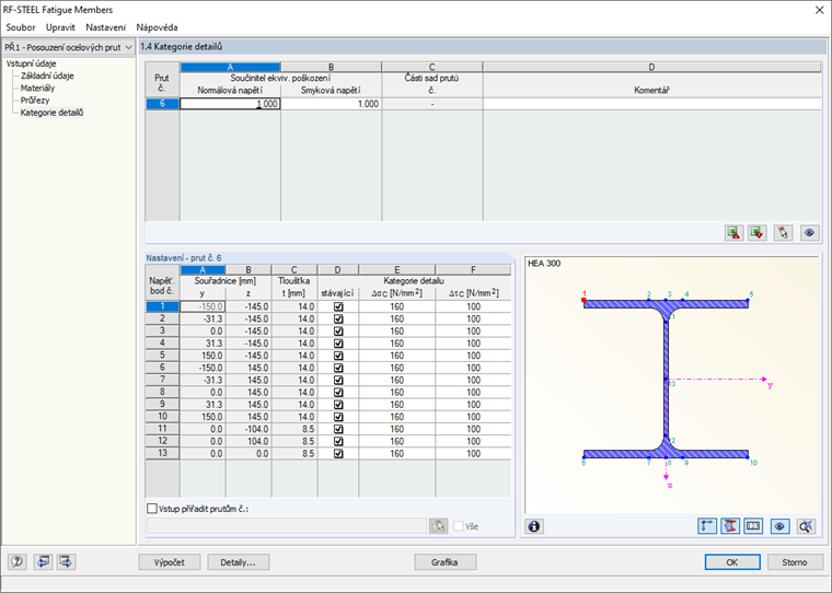 Vstupní dialog "Kategorie detailů"