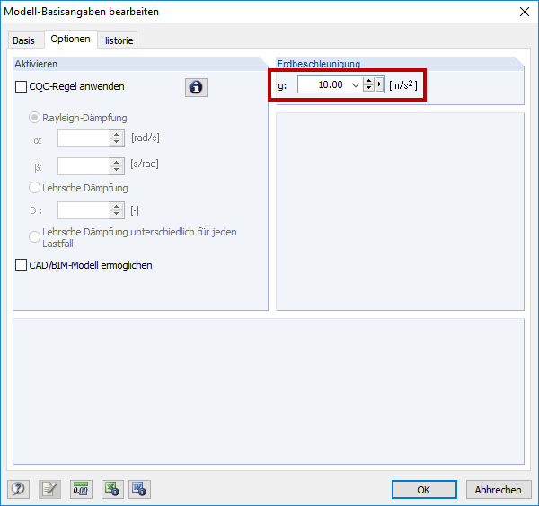Model - Základní údaje - Gravitační zrychlení