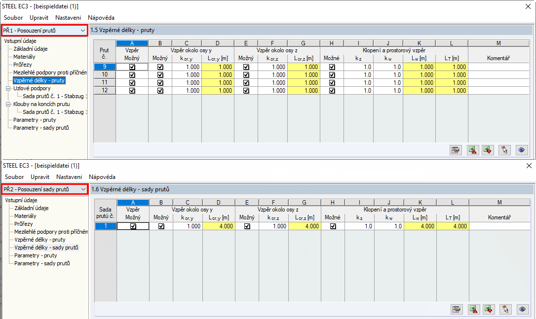 Vzpěrné délky - pruty a sady prutů