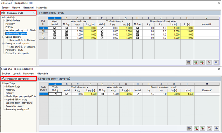 Vzpěrné délky - pruty a sady prutů