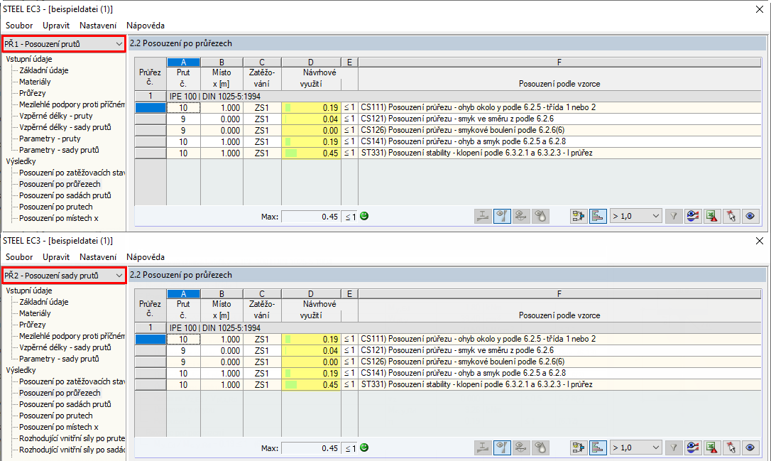Výsledky posouzení - pruty a sady prutů