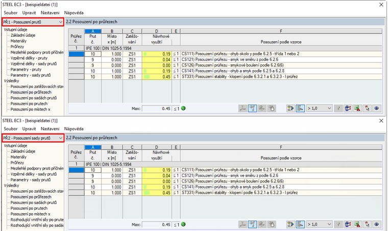 Výsledky posouzení - pruty a sady prutů