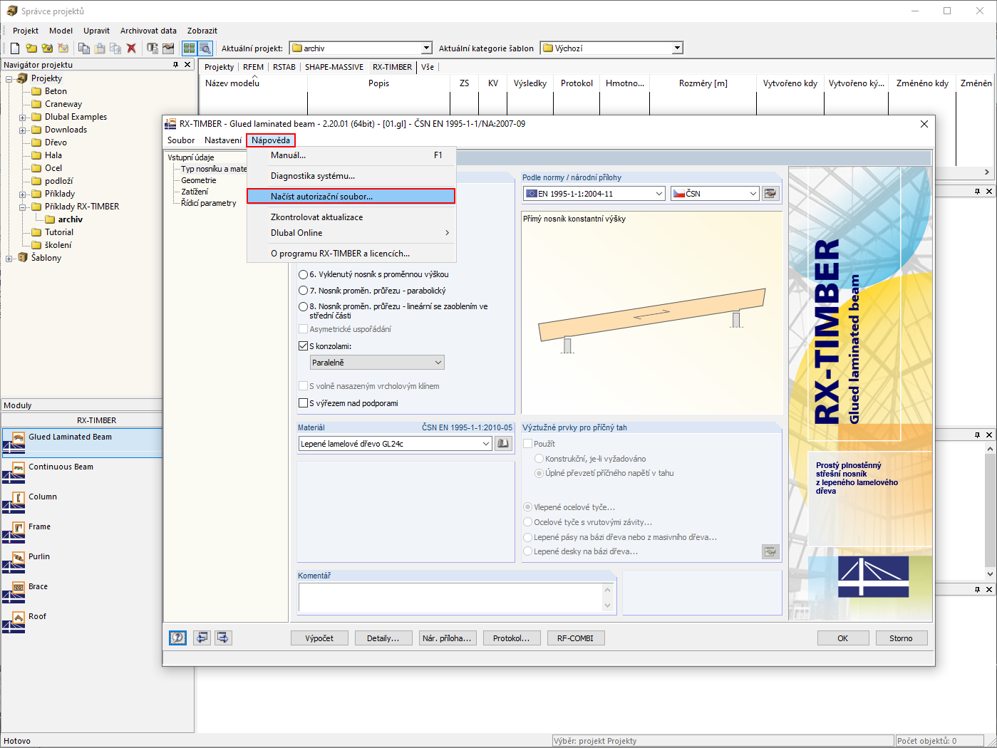 Načtení autorizačního souboru v modulu RX-TIMBER
