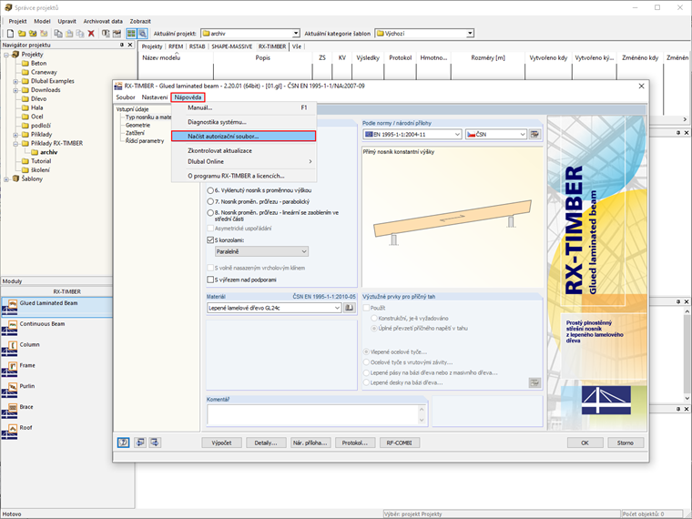 Načtení autorizačního souboru v modulu RX-TIMBER