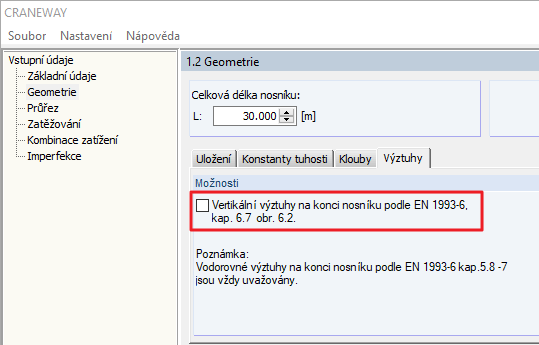 Deaktivovat možnost "Vertikální výztuhy na konci nosníku"