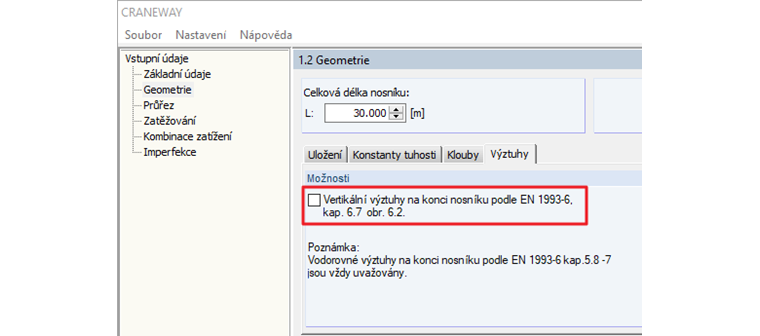 Deaktivovat možnost "Vertikální výztuhy na konci nosníku"